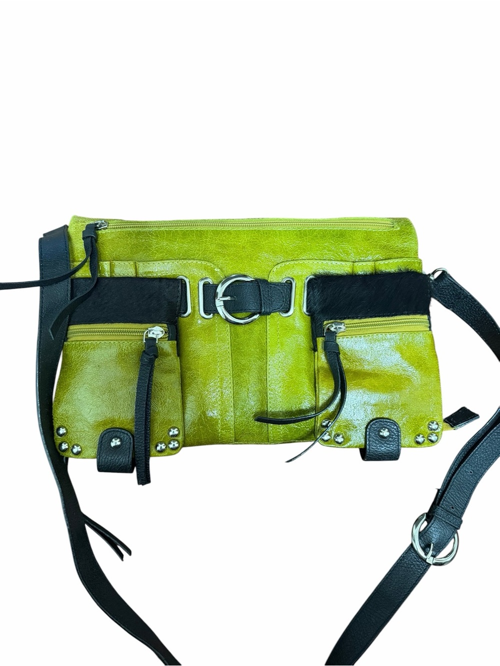 Cleo & Patek Genuine Leather Green Multi Pocket Crossbody Bag Haircalf Trim Stud